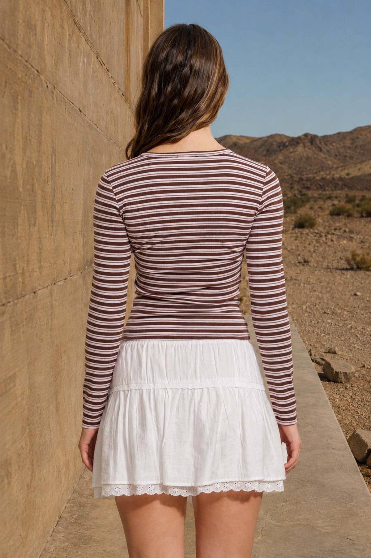 BUTTON DOWN CREW NECK STRIPED LONG SLEEVE KNIT TOP