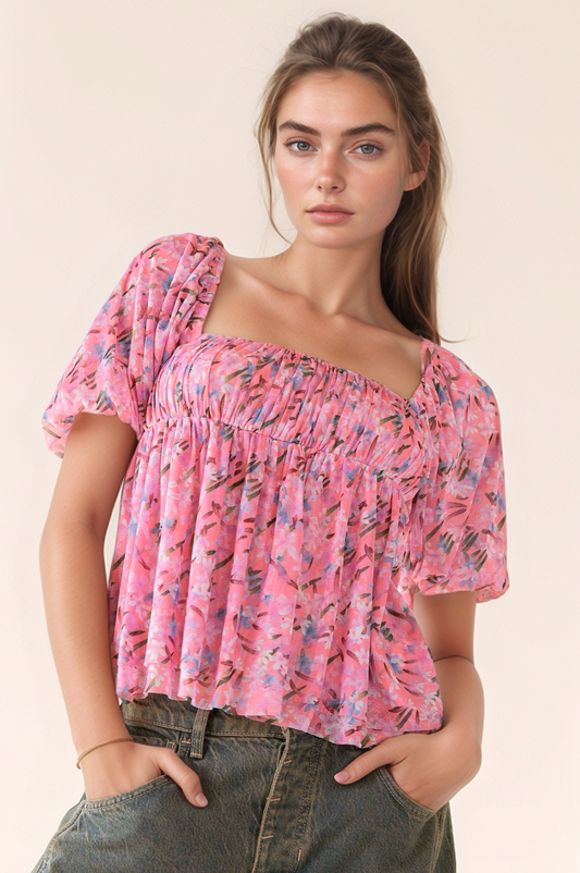 FLORAL PRINTED PUFF DOUBLE LAYERED MESH TOP BLOUSE