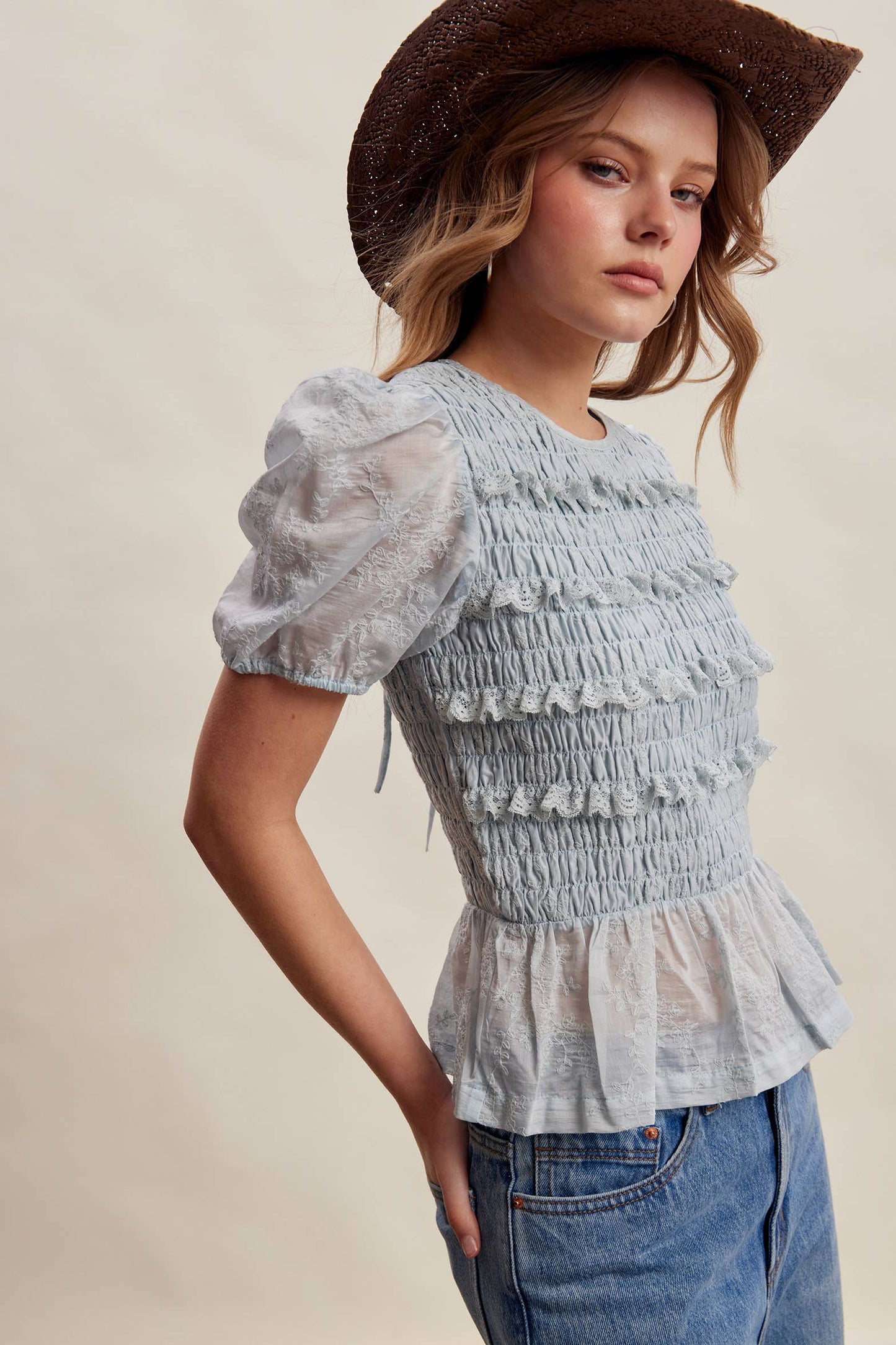 Listicle - Smocked Lace Puff Sleeve Top LT1472
