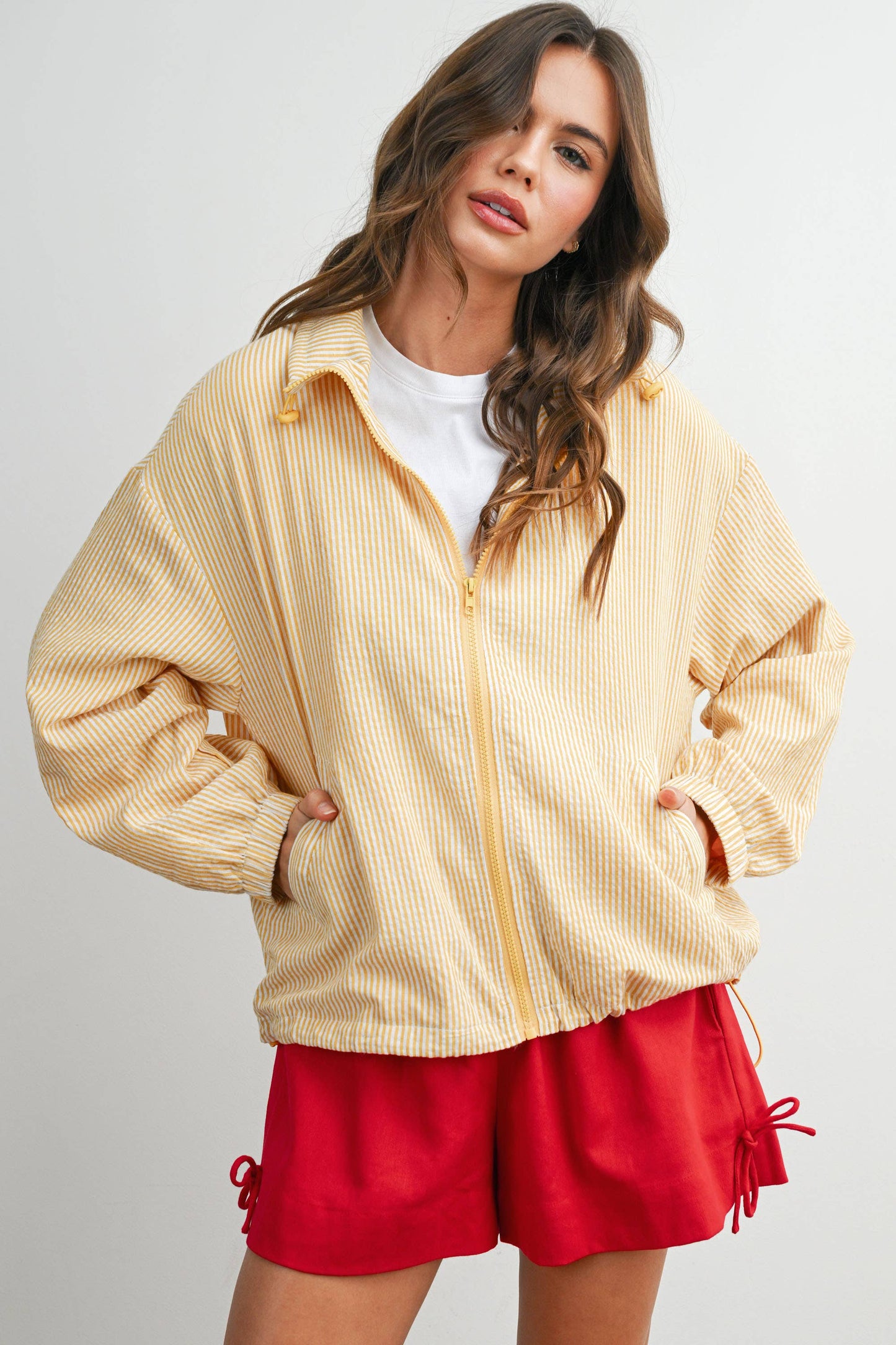 BUTTERMELON - Striped Collared Zip-Front Drawstring Jacket - BMJ7991: BROWN MULTI / S