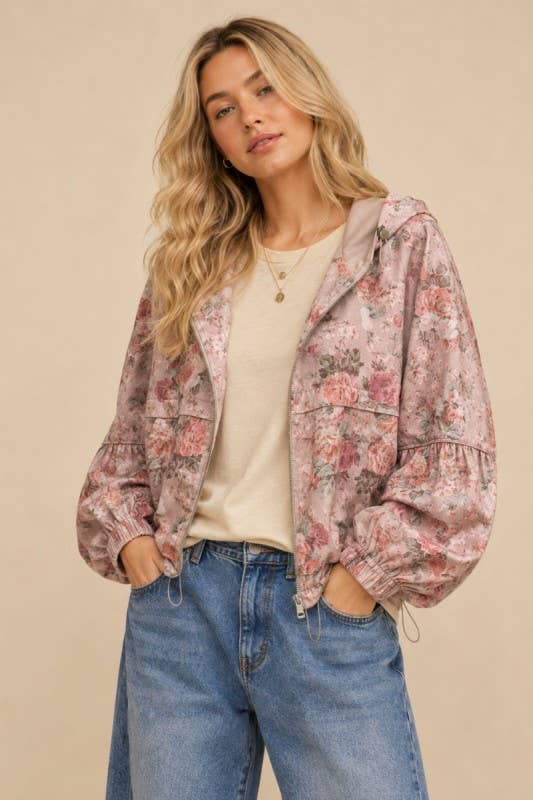 J.NNA - DENIM FLORAL PATTERN HOODED JACKET