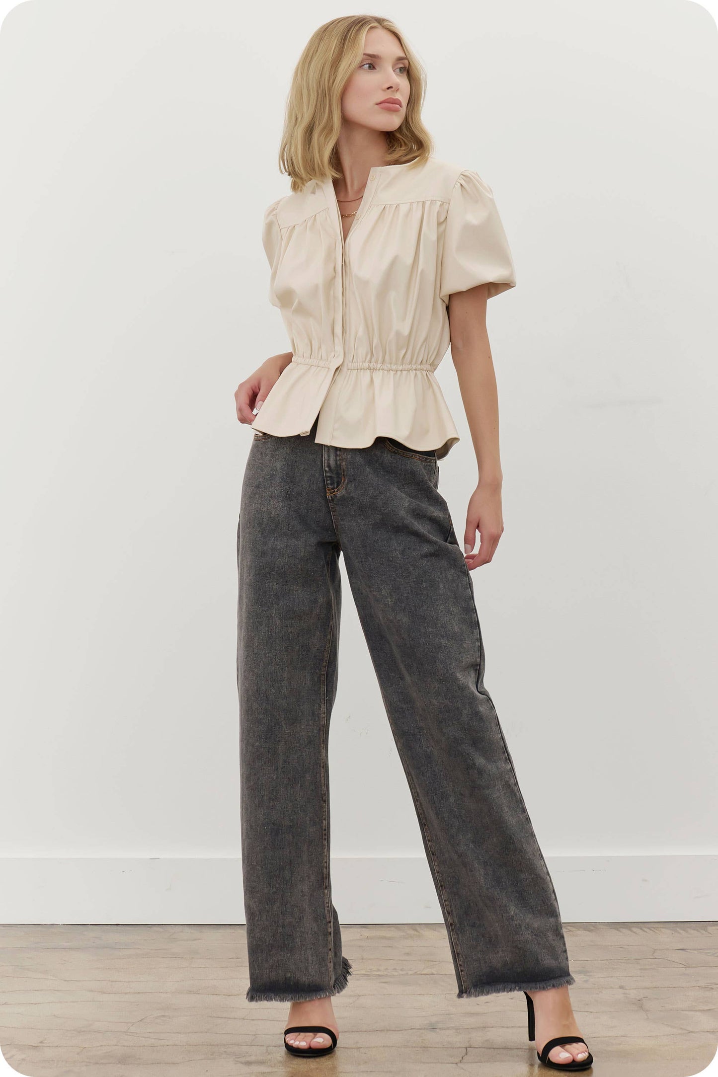 Faux Leather Puff Sleeve Top