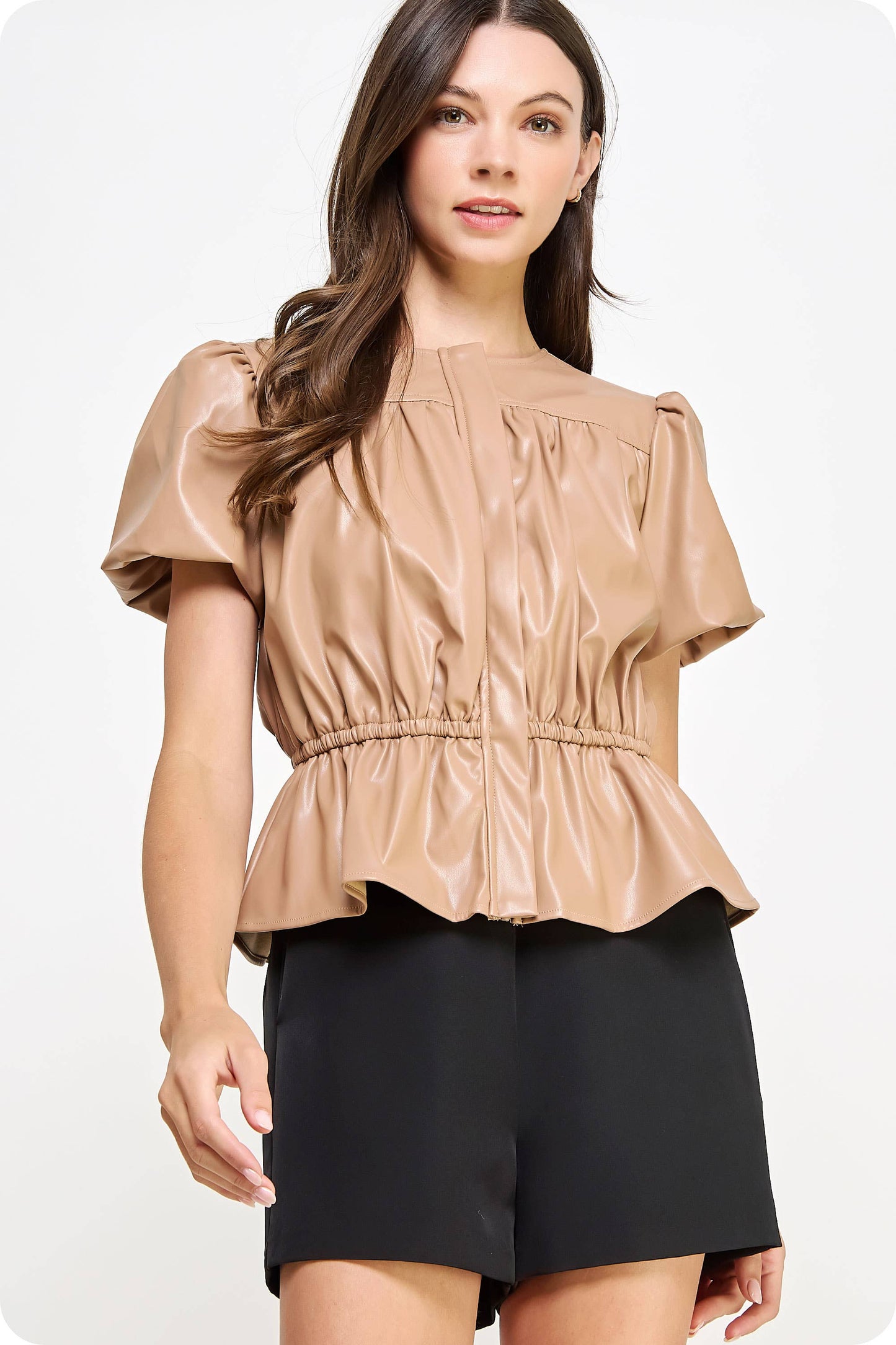 Faux Leather Puff Sleeve Top