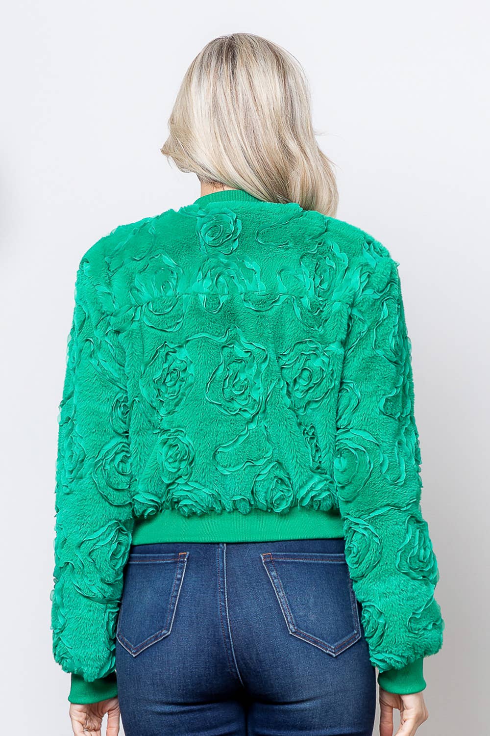 Textured Rosette Embellishment fur Bomber Jacket