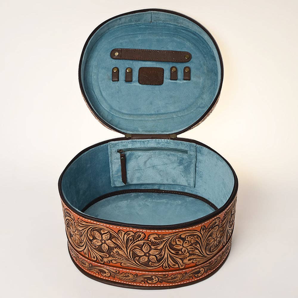 Western Hand Tooled Leather Jewelry Case Oval Floral Organizer