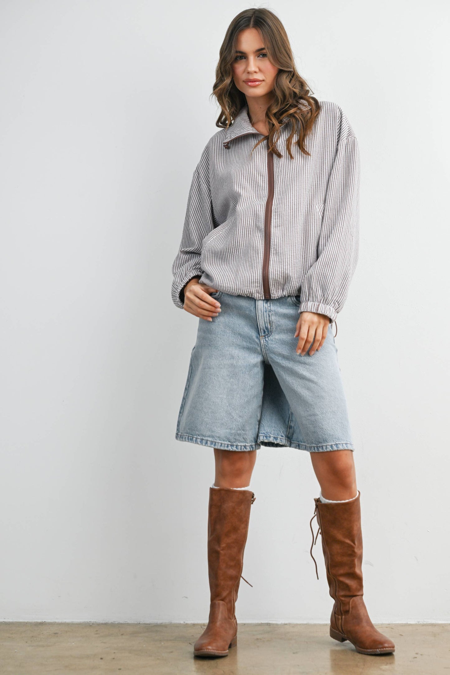 BUTTERMELON - Striped Collared Zip-Front Drawstring Jacket - BMJ7991: BROWN MULTI / L