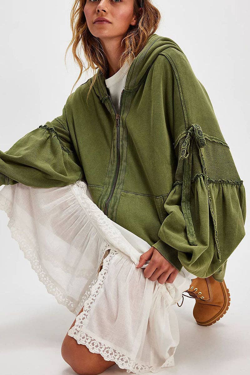 Mccolin - Tie-Sleeve Puff Zip-Up Hoodie