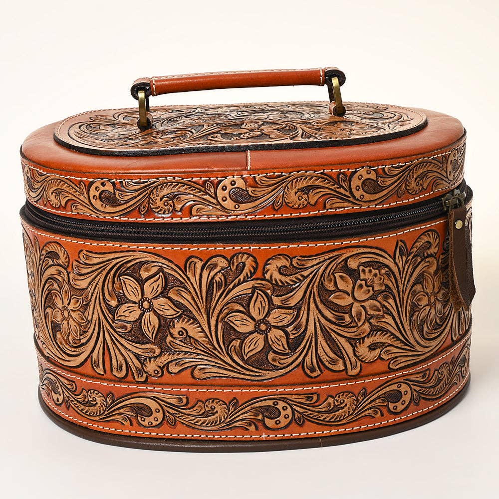 Western Hand Tooled Leather Jewelry Case Oval Floral Organizer