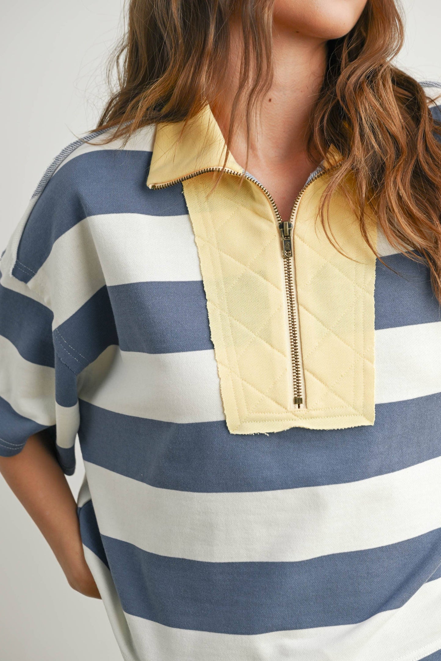 BUTTERMELON - Oversized Striped Zip-Up Polo Shirt - BMT7711