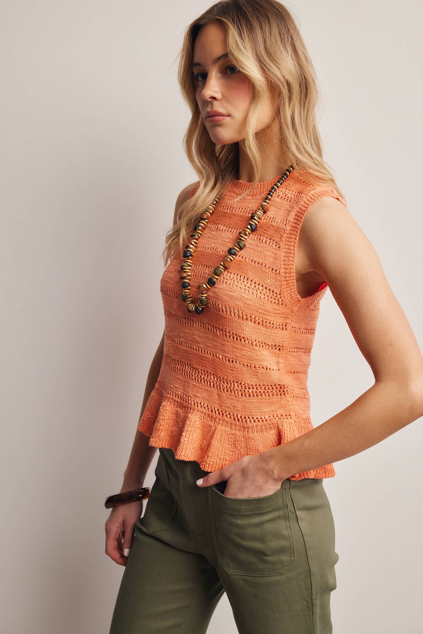 Sleeveless Pointelle Knit Peplum Top
