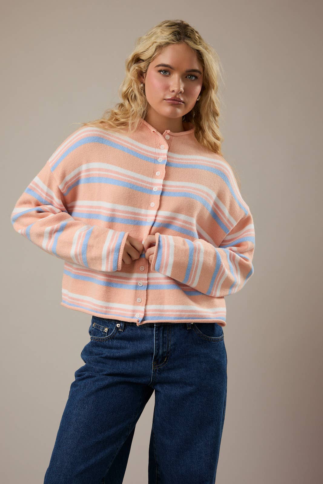 LE LIS - ROLL HEM BUTTONS DETAIL STRIPED CARDIGAN