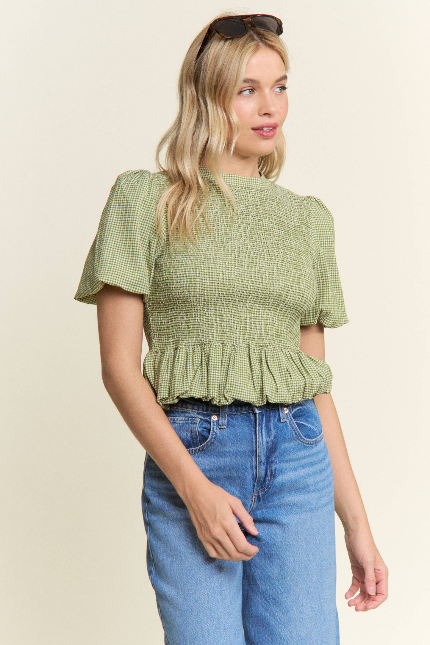 CANDESCENT - Smocked Gingham Ruffle Top