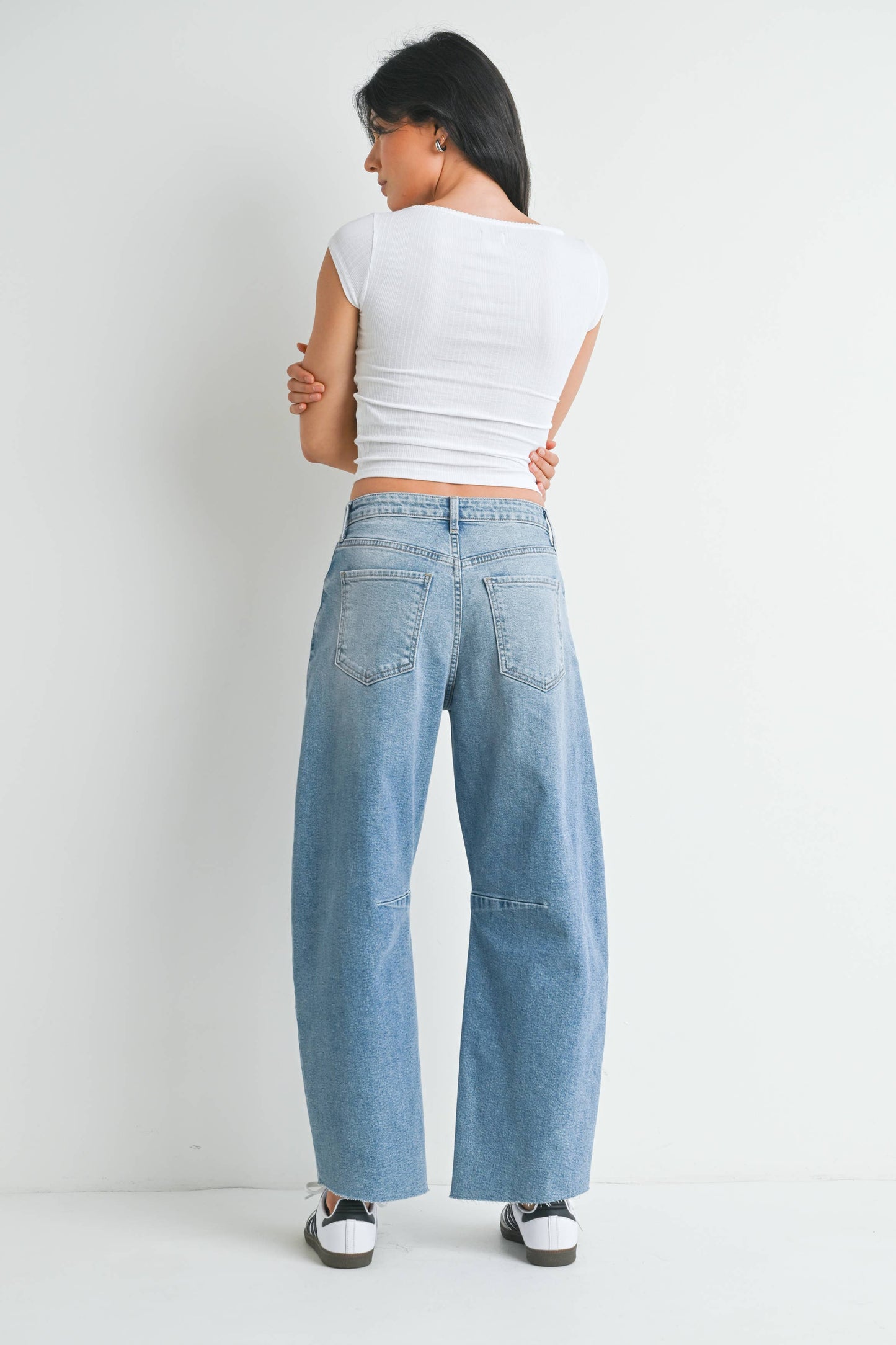 JUST BLACK DENIM - Raw Hem Barrel Jean w/ Seams - LIGHT DENIM - BP473J