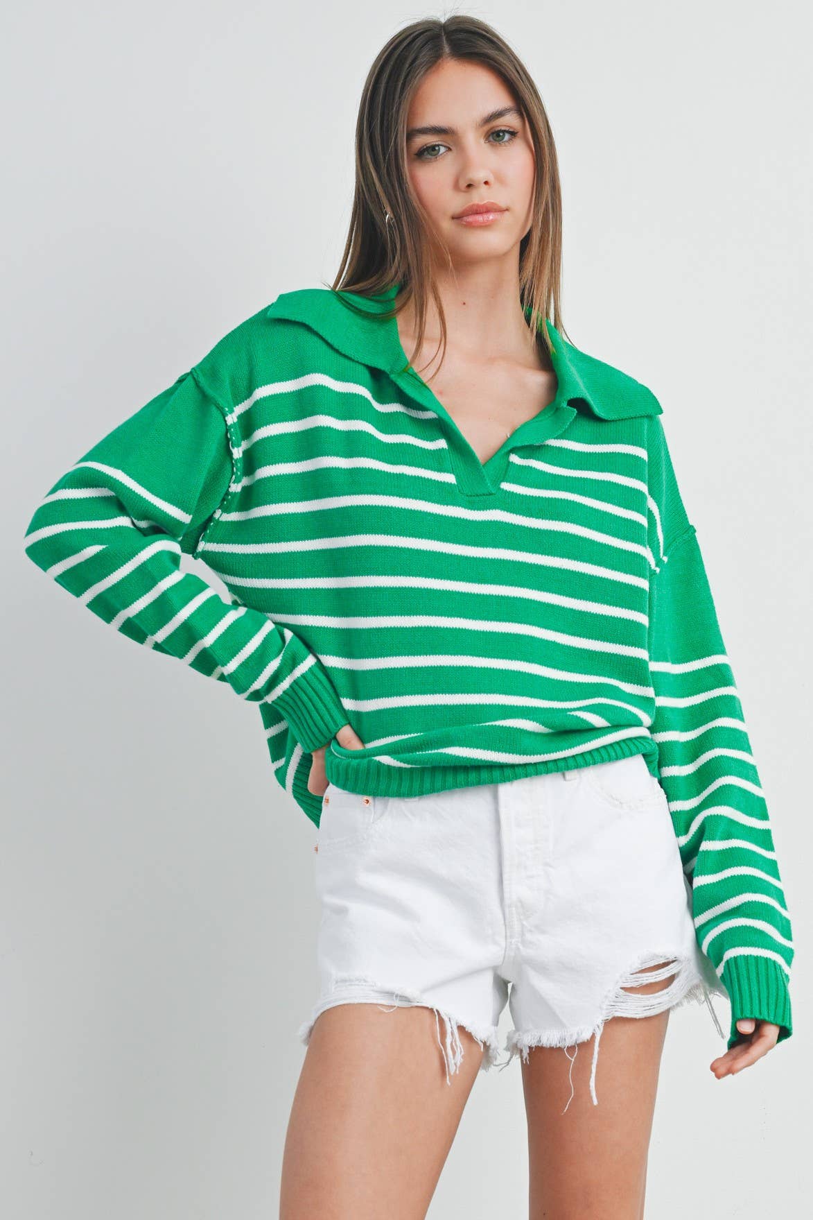 Green V-Neck Striped Sweater