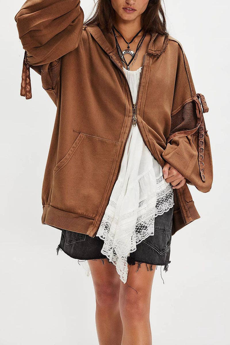 Mccolin - Tie-Sleeve Puff Zip-Up Hoodie