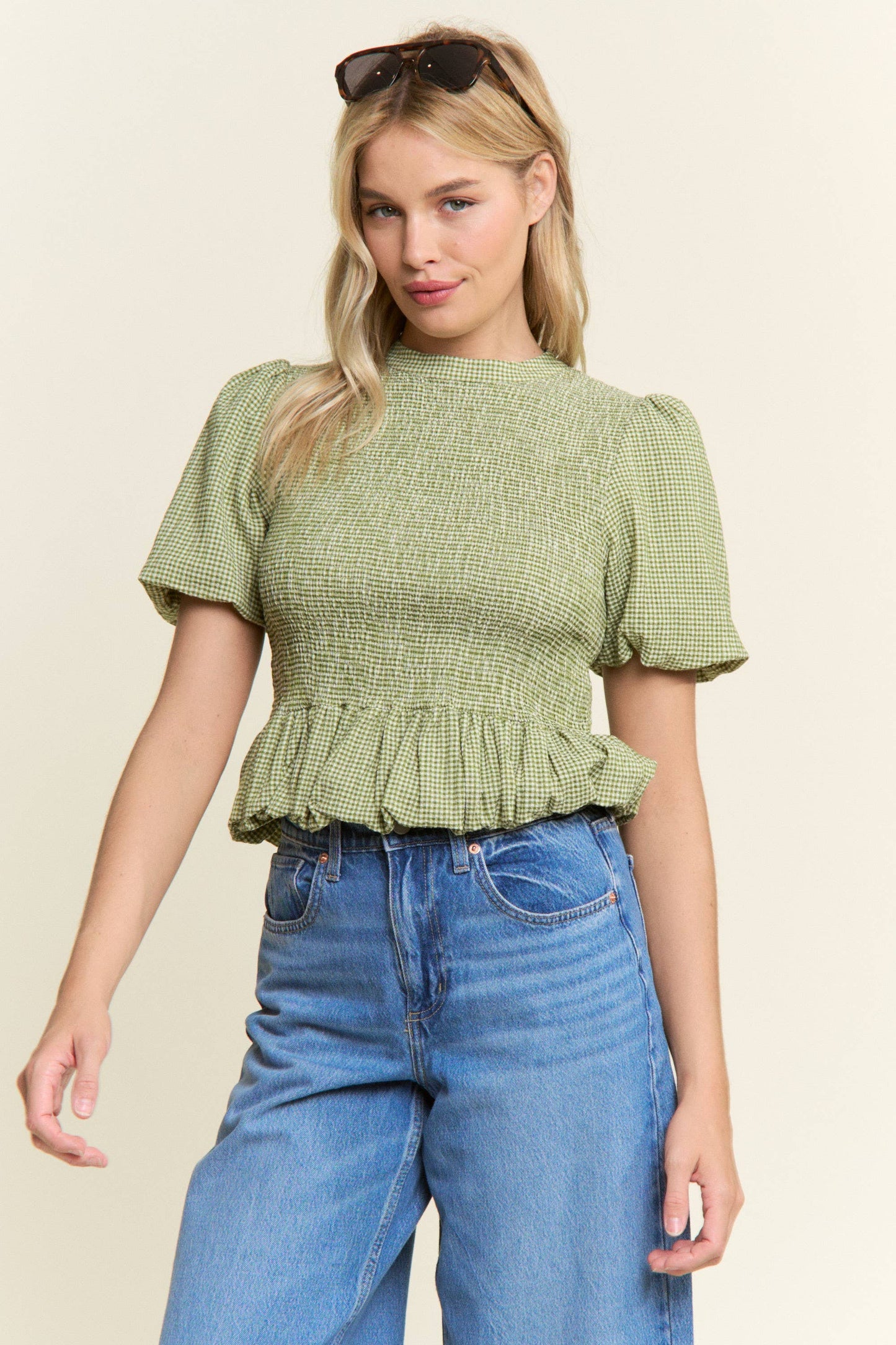 CANDESCENT - Smocked Gingham Ruffle Top