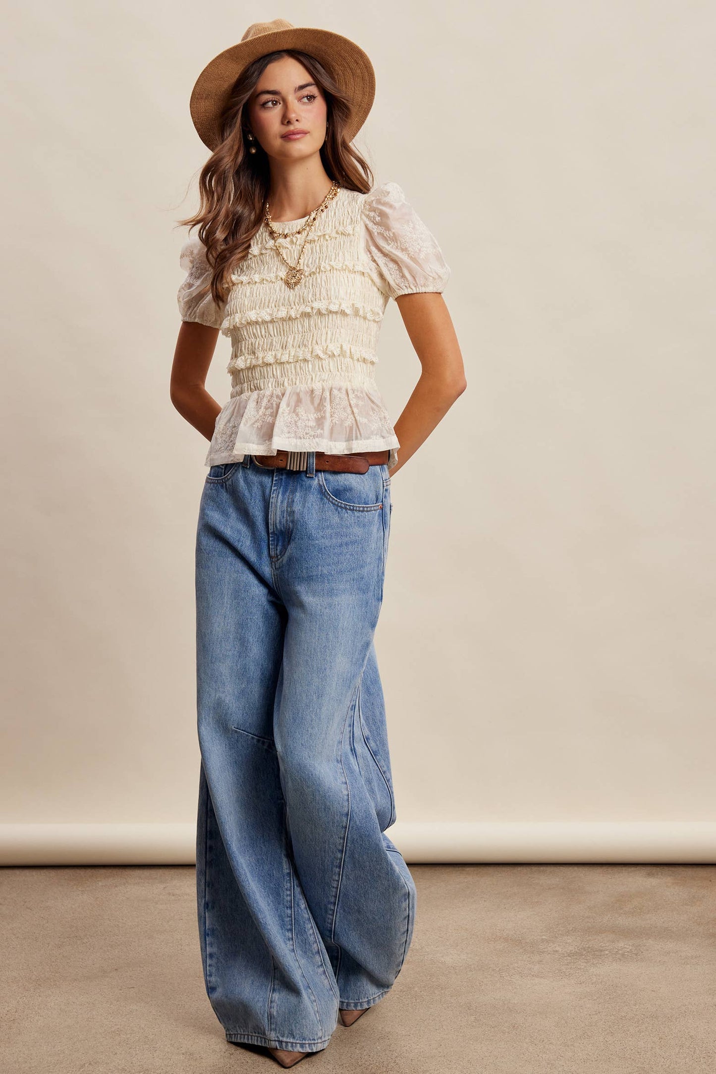 Listicle - Smocked Lace Puff Sleeve Top LT1472