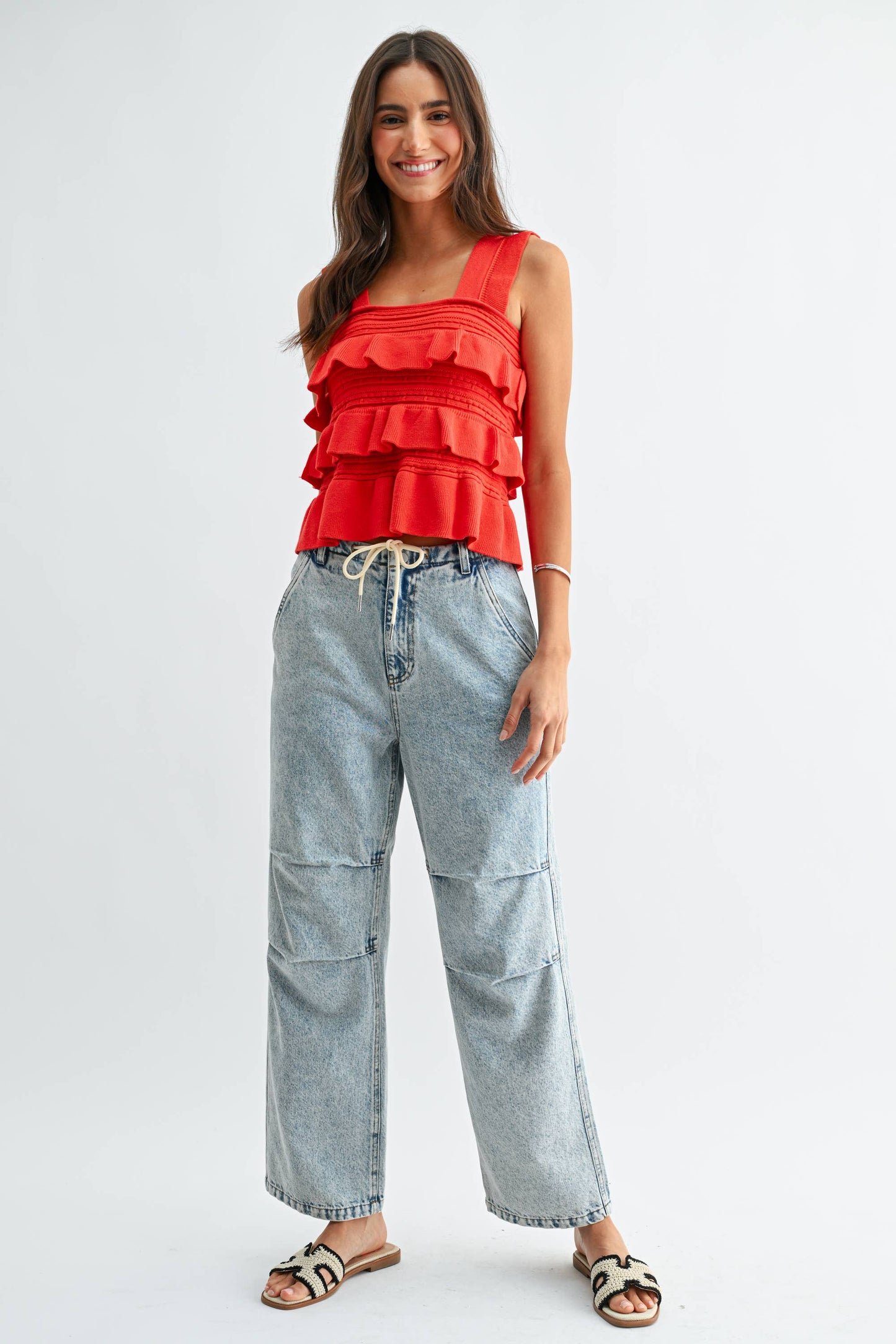 Camellia - CW10030E Red Ruffled Knit Sleeveless Top