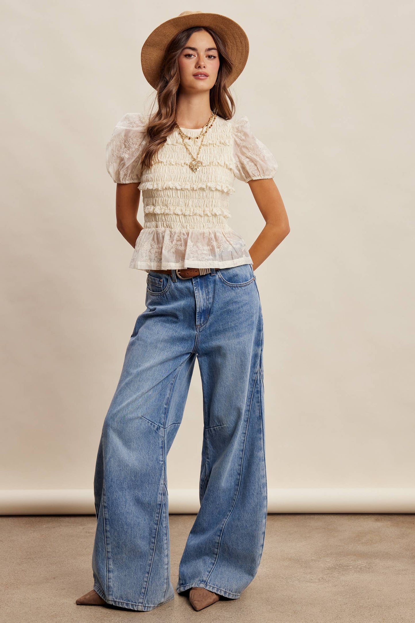 Listicle - Smocked Lace Puff Sleeve Top LT1472