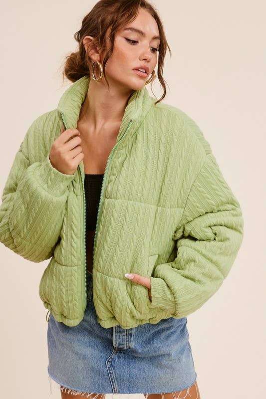 Cable-Knit Drawstring Waist Puffer Jacket