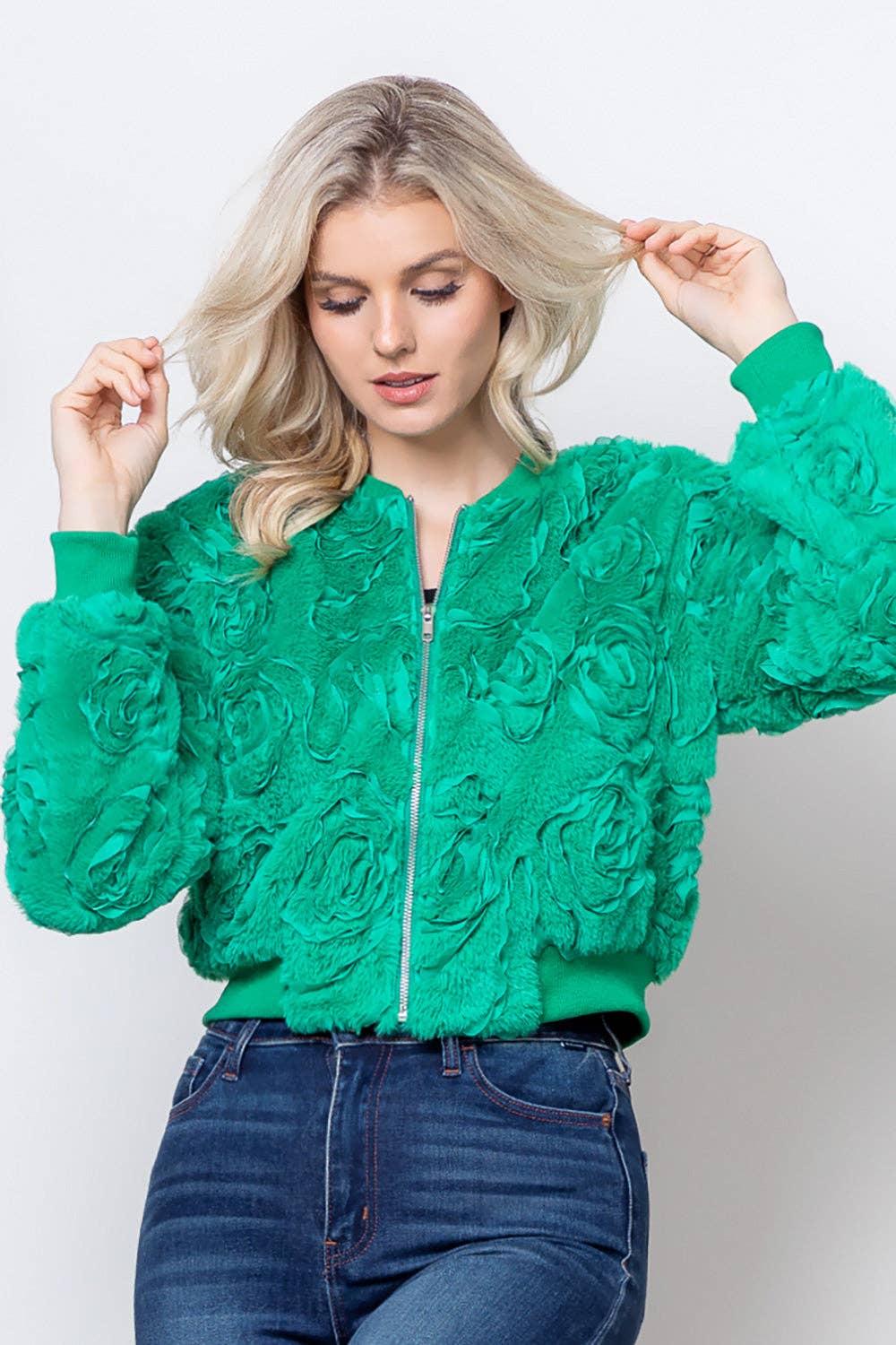 Textured Rosette Embellishment fur Bomber Jacket