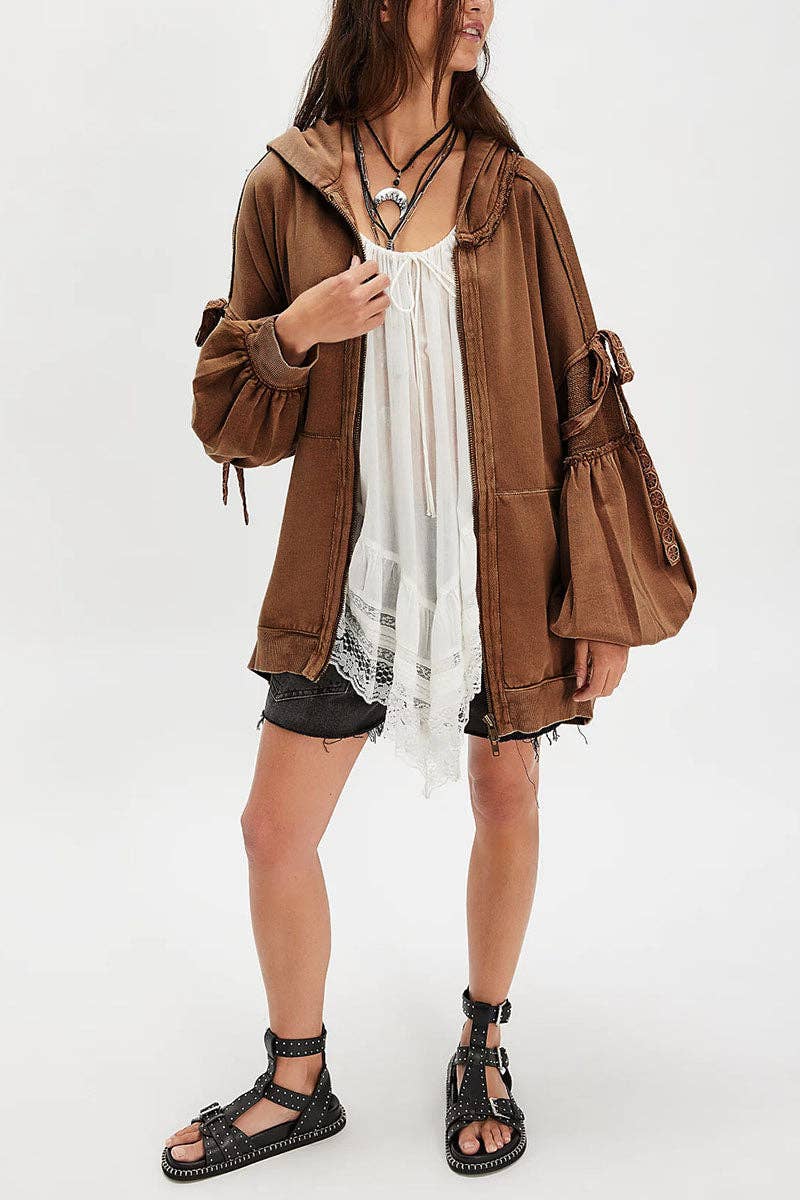Mccolin - Tie-Sleeve Puff Zip-Up Hoodie