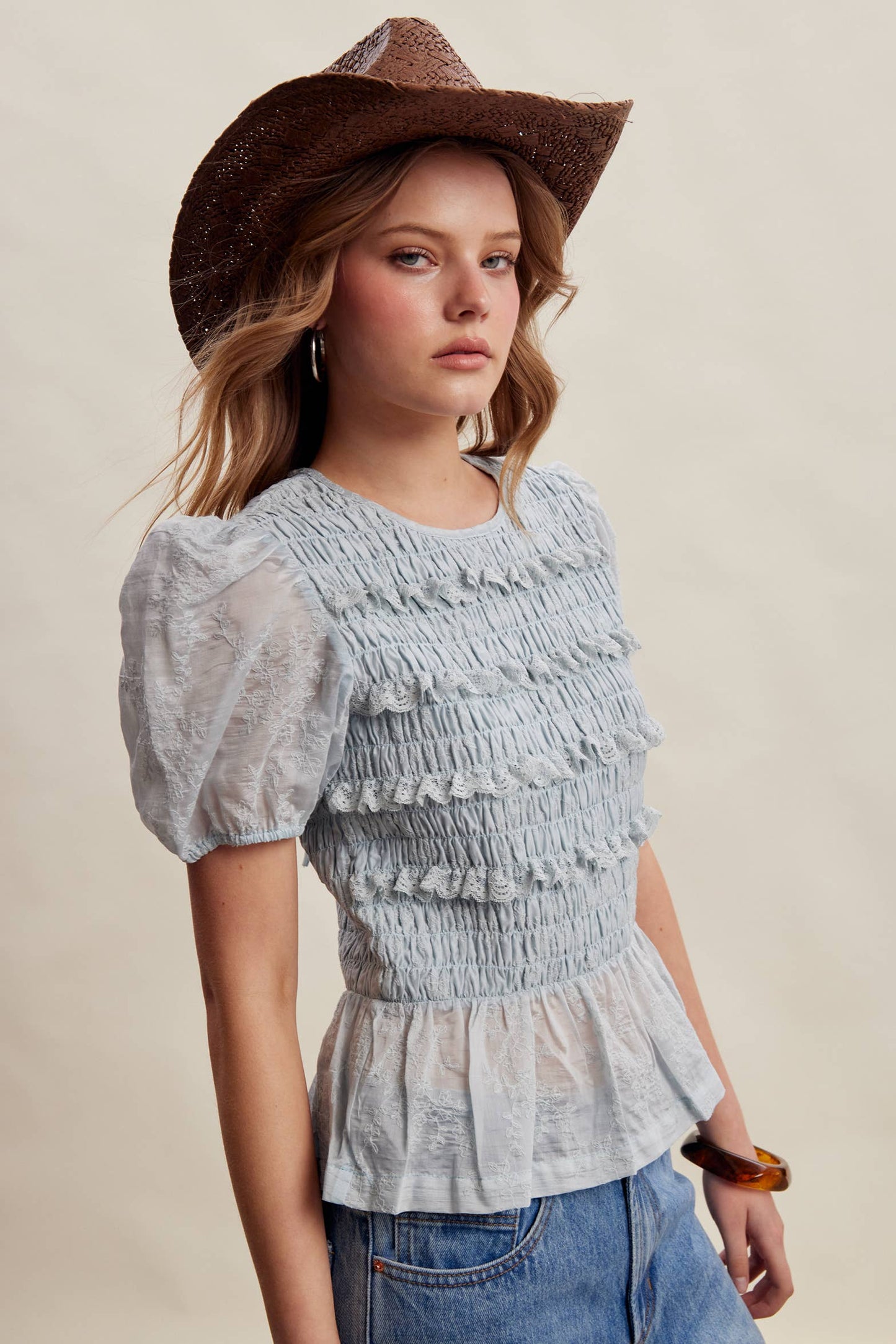 Listicle - Smocked Lace Puff Sleeve Top LT1472