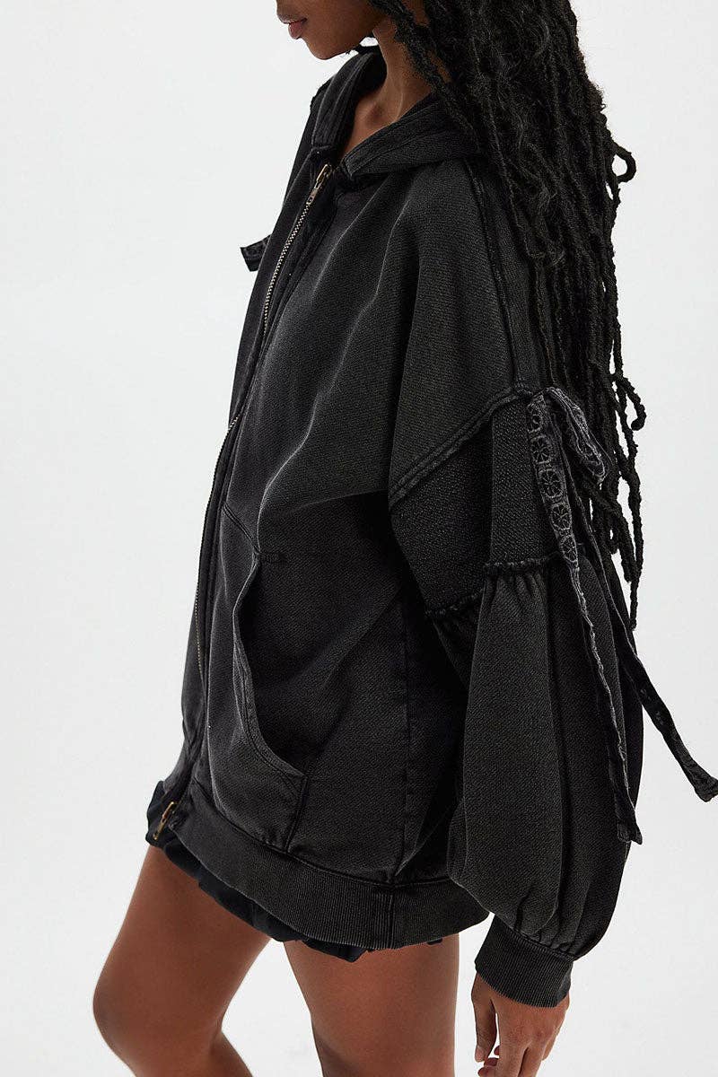 Mccolin - Tie-Sleeve Puff Zip-Up Hoodie