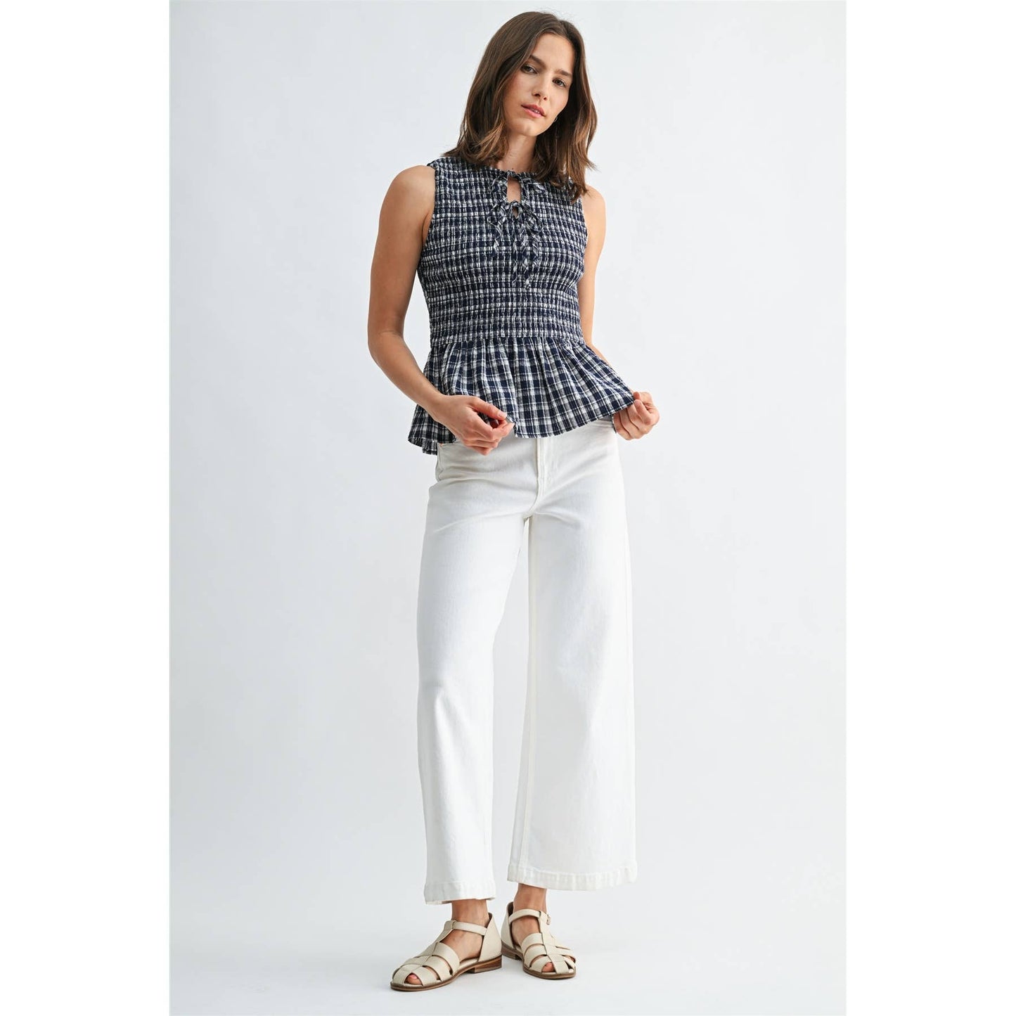 FUN2FUN - GINGHAM PRINTED SLEEVELESS PEPLUM TIE DETAIL SOCKED TOP