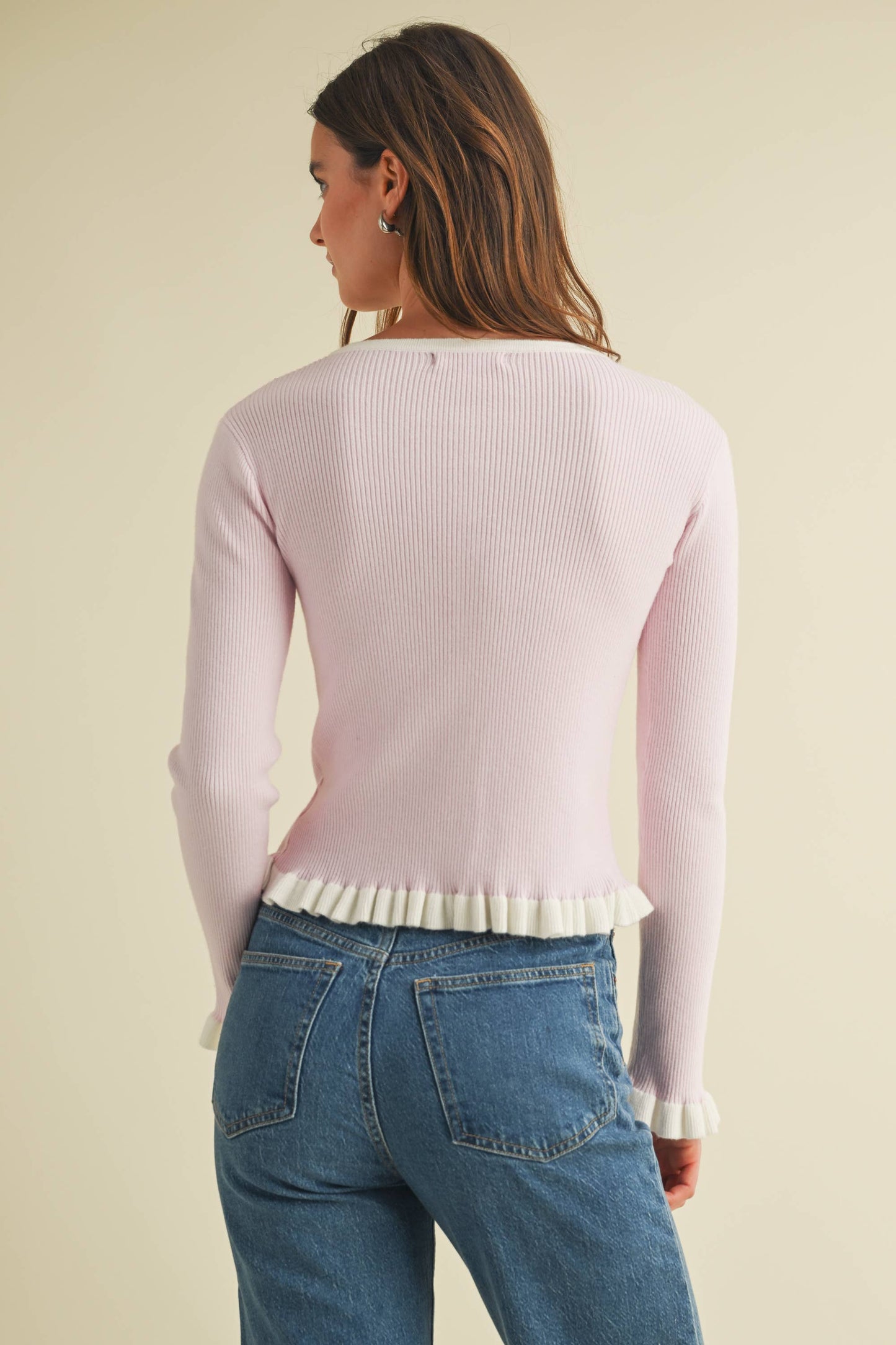 RIBBED CARDIGAN WITH RUFFLED TRIM COLOR CONTRAST