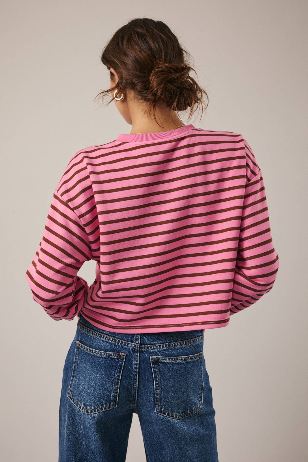V-NECK LONG SLEEVE FRENCH TERRY STRIPE TOP