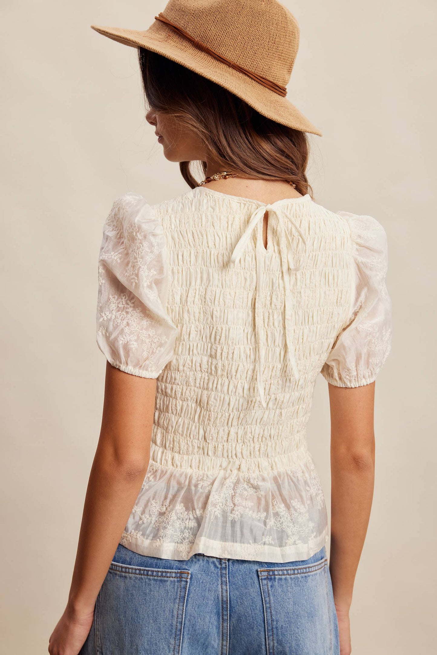 Listicle - Smocked Lace Puff Sleeve Top LT1472