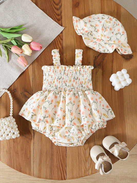 Summer Ditsy Floral Smocked Baby Girl Romper Set Hat