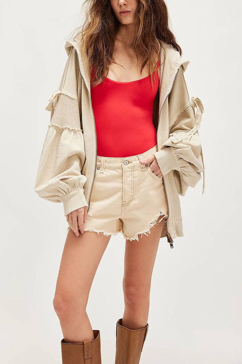 Mccolin - Tie-Sleeve Puff Zip-Up Hoodie