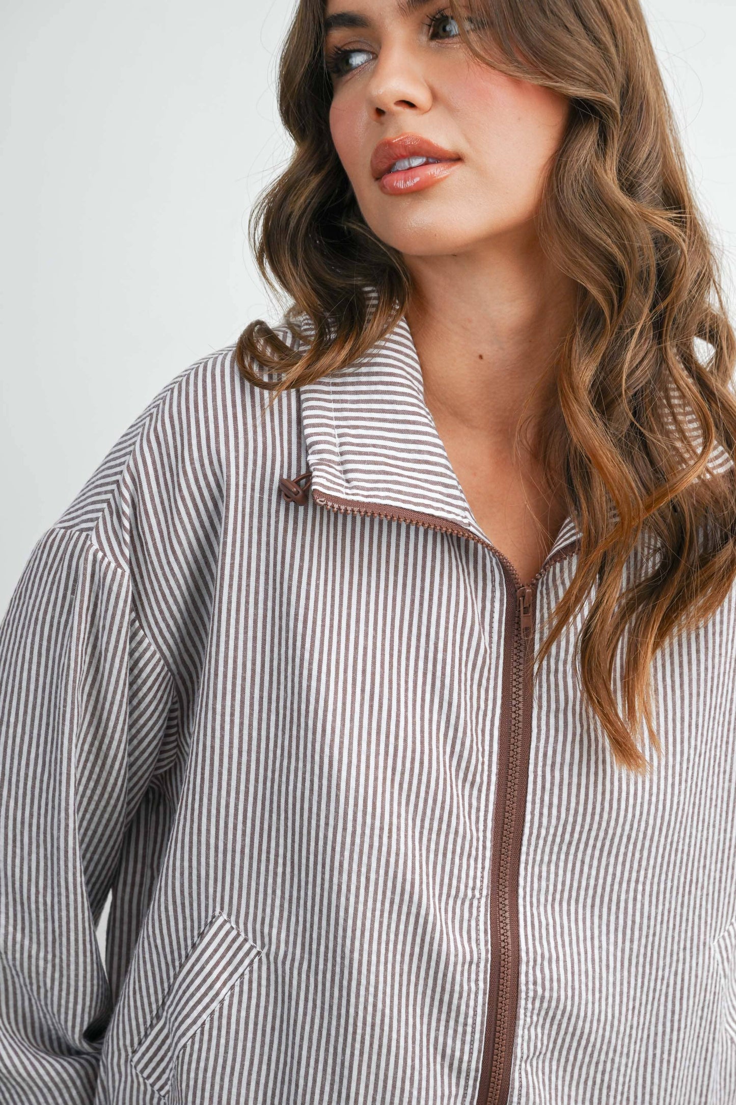 BUTTERMELON - Striped Collared Zip-Front Drawstring Jacket - BMJ7991: BROWN MULTI / S