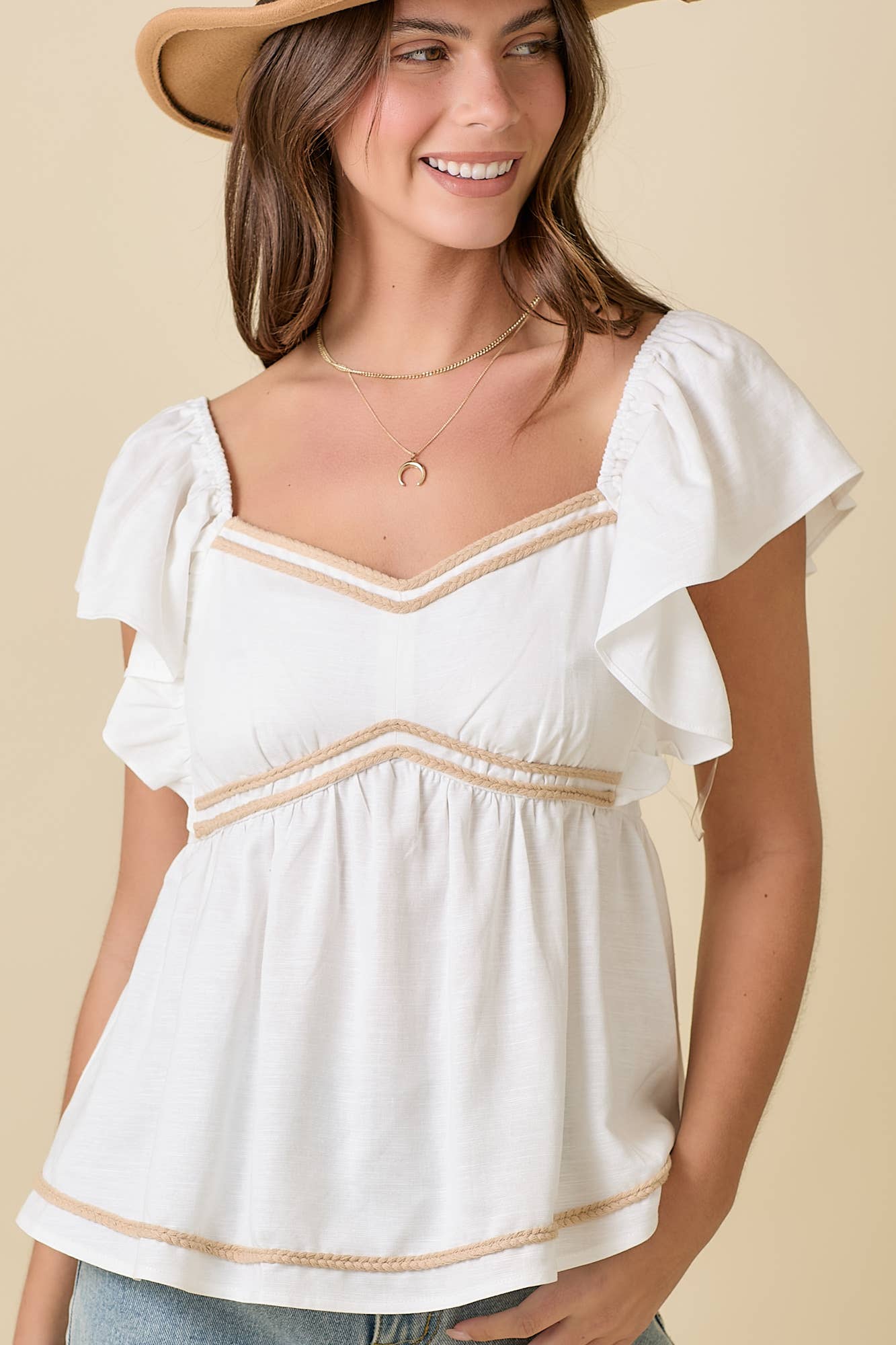 Ruffle Sleeve Peplum Blouse With Rope Embroidery