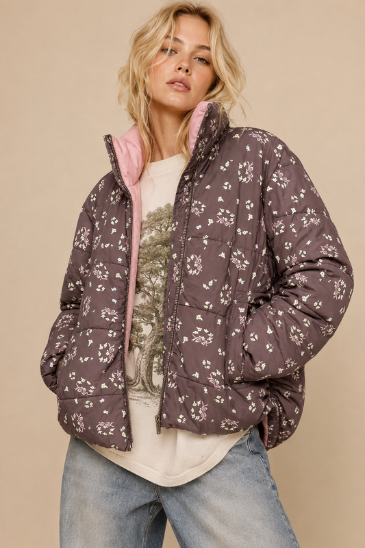 Brown & Pink Puffer Zipper Jacket