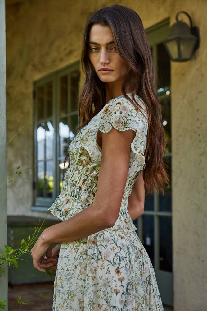 By Together - L9353T2 | Woven Tencel Nylon Floral Print V-Neck Ruffle Top