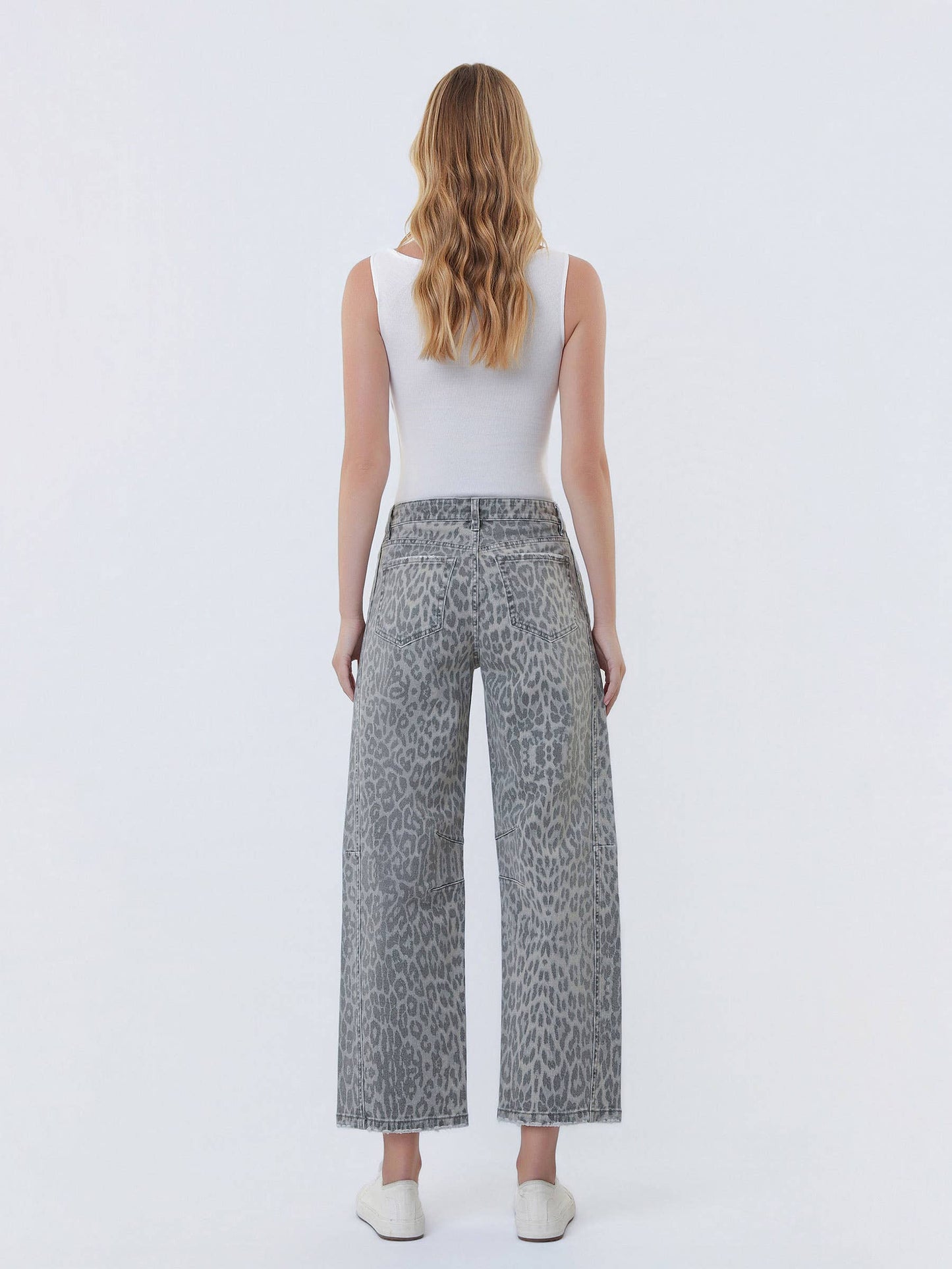 HIGH RISE DRAWSTRING GREY LEOPARD BARREL JEANS