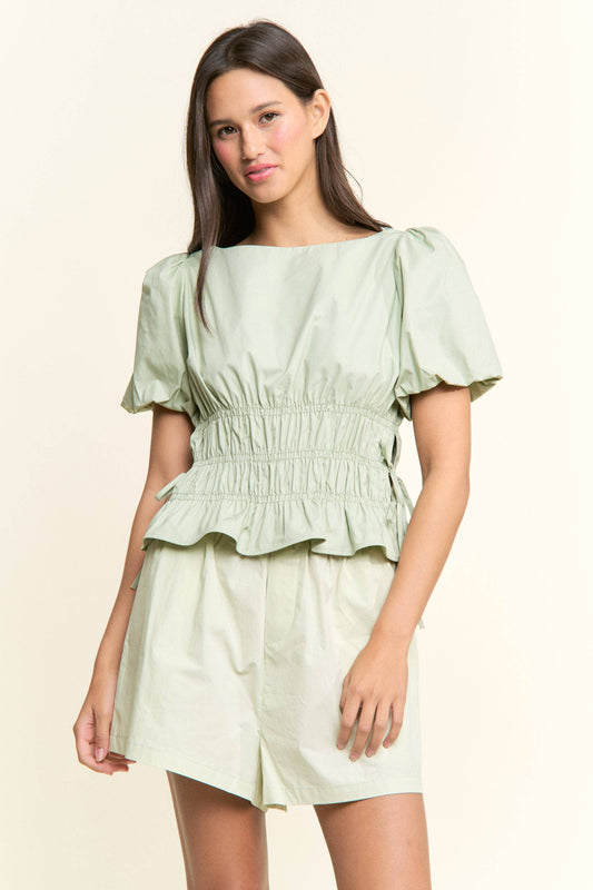 Boat Neckline Smocked Puff Sleeves Top